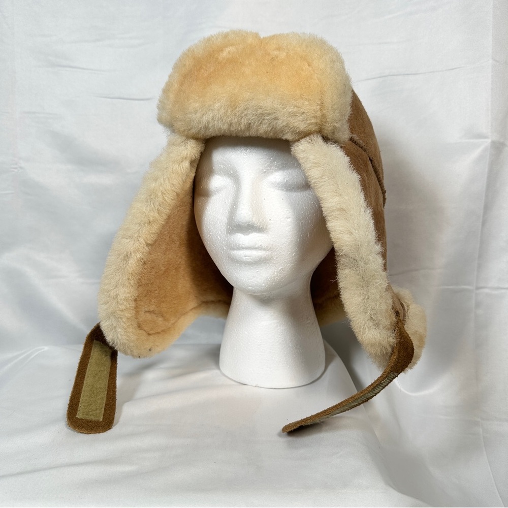 Genuine Shearling Sheepskin Trapper Hat Tan Aviator Winter Warm XL Apres Ski - Picture 3 of 16